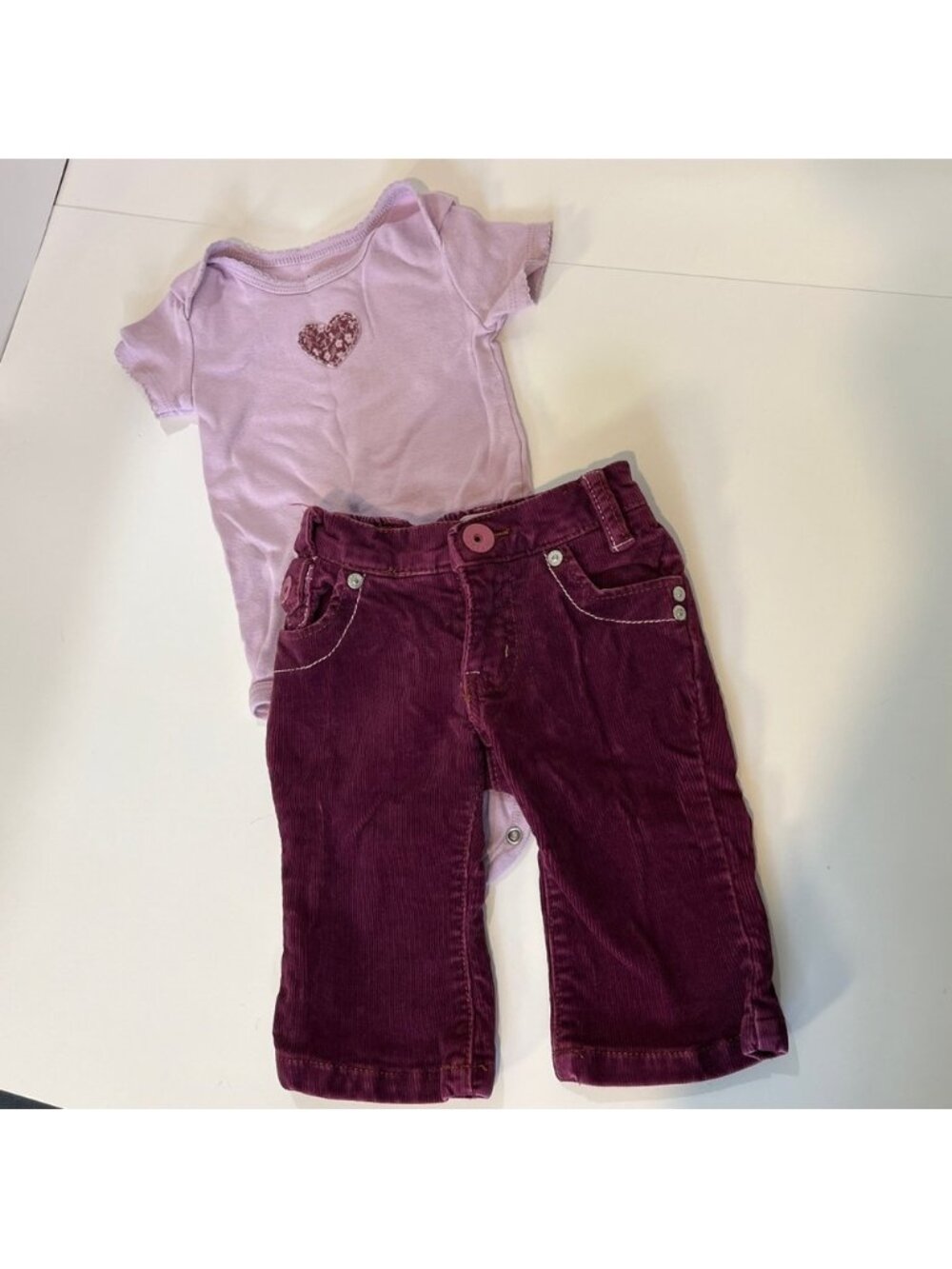 5/$25 6-9m Baby Girl Outfit Set Purple Corduroy Pants Heart Onesie Carters